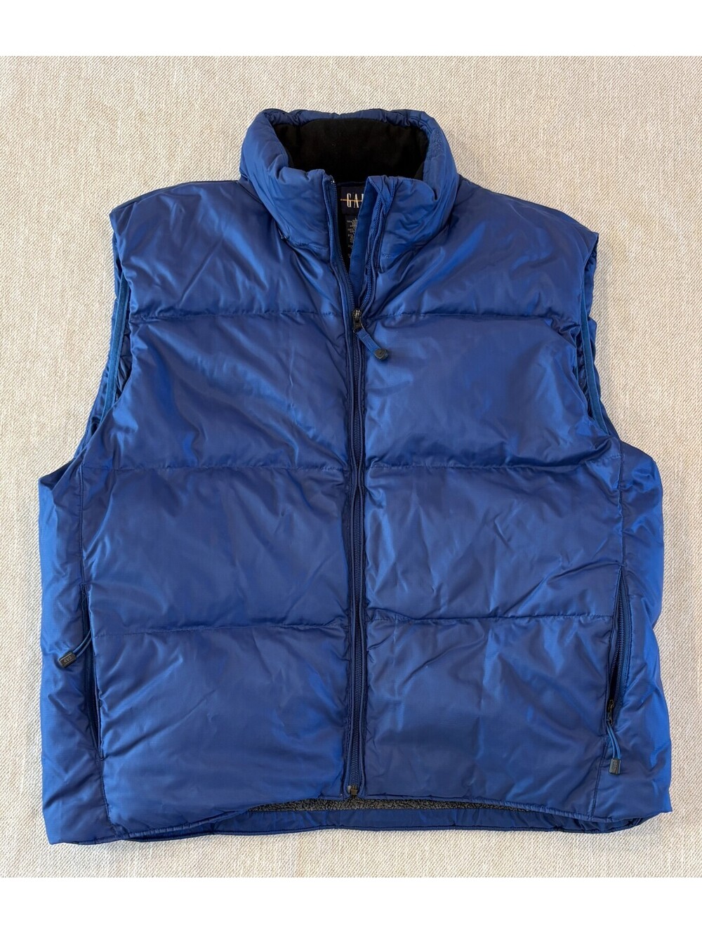 Vintage 90s GAP Goose Down Puffer Vest Mens Large Blue Fleece Lined Stow Hood